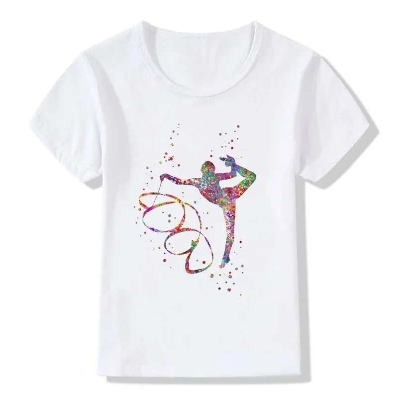 Children's Fashion Design Ballet Print Children's Short Sleeve T-shirt Girls' White Base Shirt Girls Clothes