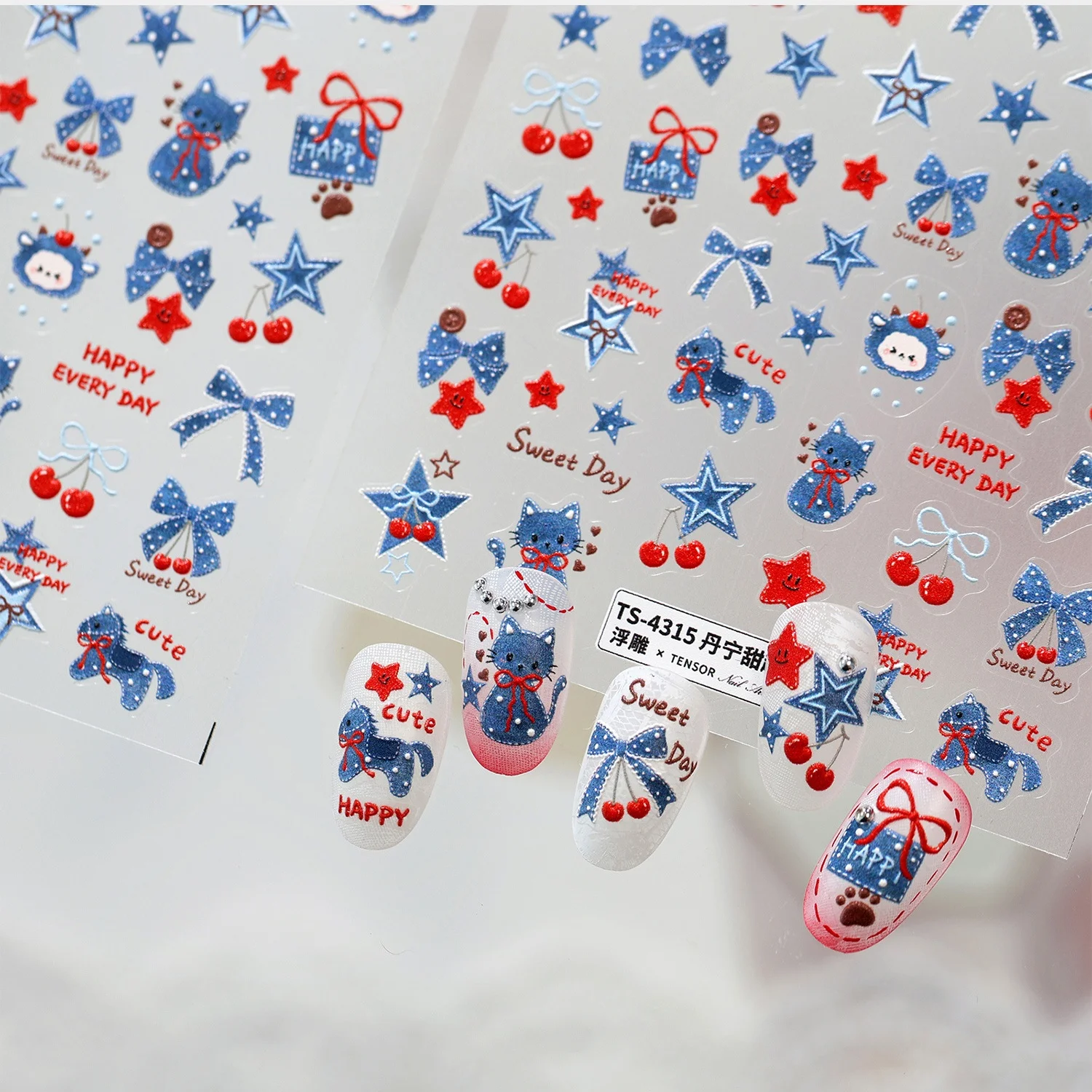 Dark Blue Cute Cat 5D Nail Art - Nail Art Denim 评论和价格