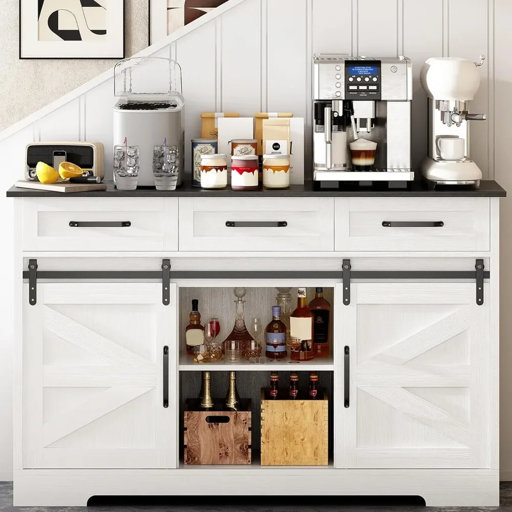 

54" Wine Cabinet with Sliding Barn Door, Storage Shelves, 3 Drawers, Rustic Large Buffet Sideboard, Farmhouse Bar Cabinet