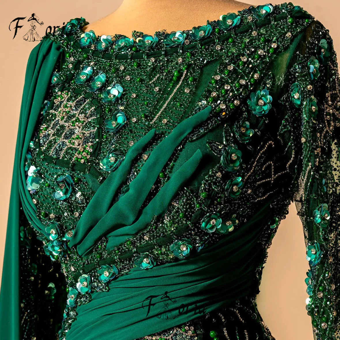فستان سهرة فاخر مطرز باللون الأخضر الداكن بأكمام طويلة دبي ثلاثي الأبعاد مزين بالزهور حورية البحر مناسبة رسمية رداء السهرة فام #3