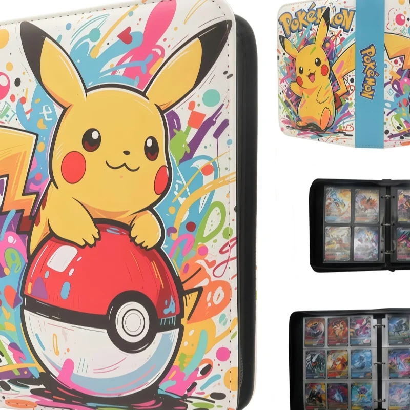 

New 2026 Pikachu Card Binder A4 Trading Card Collection Album Waterproof Pu Leather Zipper 4 Pockets 9 Pockets