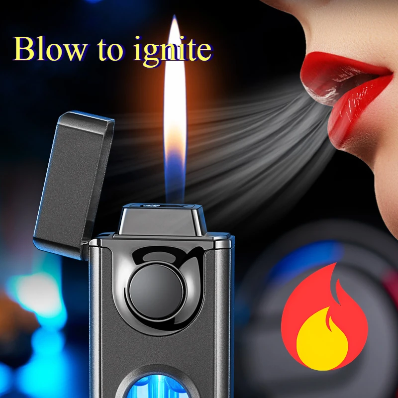 Voice Controlled Dual Flame Blue Flame Lighter LED Light Transom Open Flame Sound/air Flow/Knock/Gravity/4 Ignition Method Metal