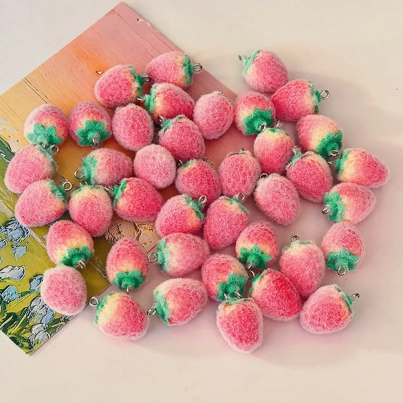 30Pcs Flocking 3D Strawberry Resin Earring Charms Bulk Wholesale Sweet Fruit Pendant DIY Accessory Cute Keychains Jewelry Making