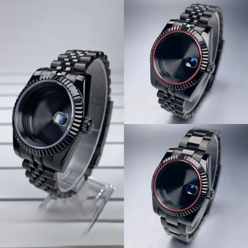 39mm Full Black DJ NH35 Case Fluted Bezel Sapphire Glass For Seik Mod Modification Part Fit NH35 NH36 Movement Steel Watch Case