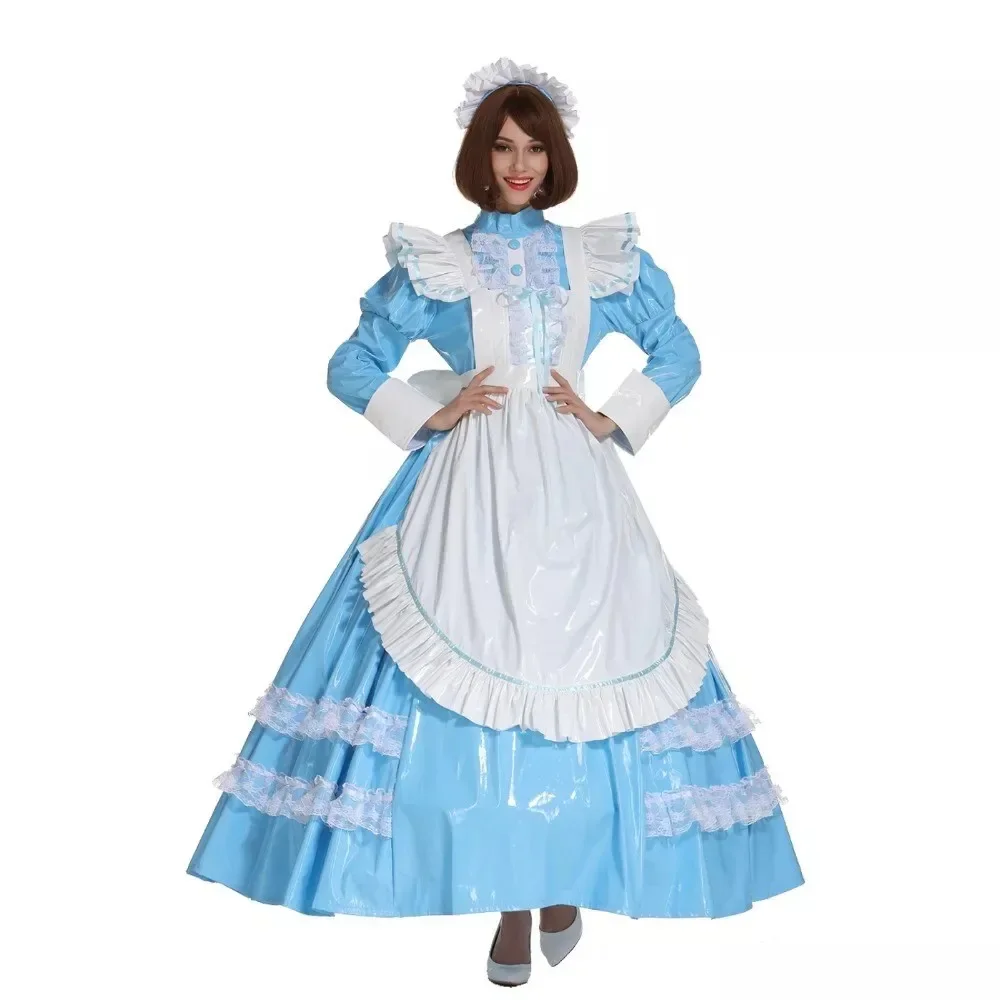 

Sexy Sissy Blue Lockable Dress PVC Cute Girl French Maid Cosplay Adult Custom Carnival Festive Costumes