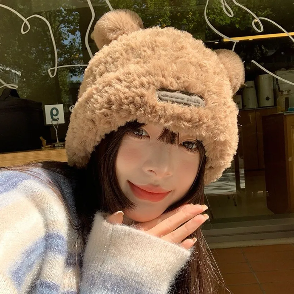 New Beanie with Bear Ears Autumn Winter Warm Hat Women Thickened Knitted Cap Version Sweet Versatile Ear Protection Women\'s Hats