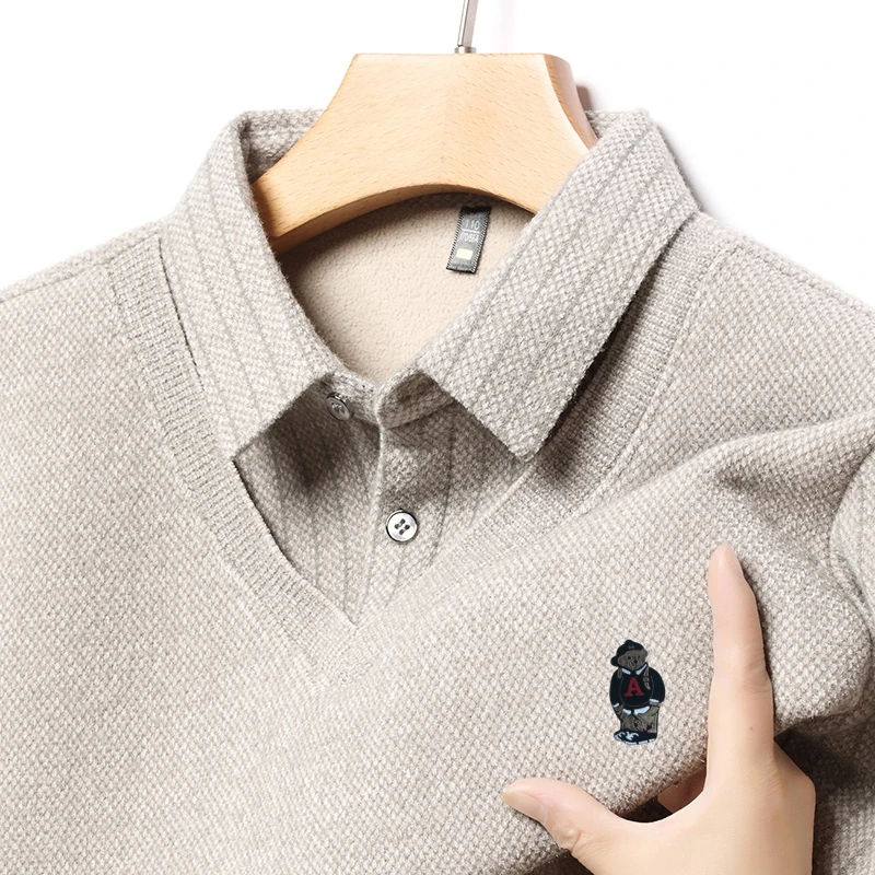 

High Quality Designer Men's Fake Two-piece Lapel Cartoon Bear Print Knit Sweater Warm Pullover Fashion Hot Sale Men's Clothing