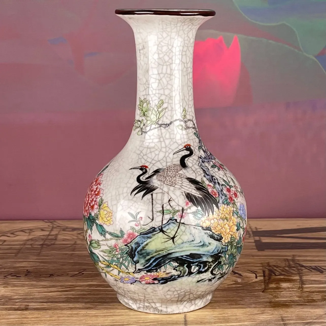 Jingdezhen Old Style Crackle Porcelain Vase Famille Rose Pine Crane Pattern Ceramic Appreciation Bottle Chinese Home Ornament