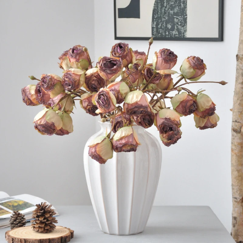 45CM Artificial Flower with Charred Edge Fire Roasted Rose Retro 3-head Autumn Color American Charred Edge Rose Home Decoration