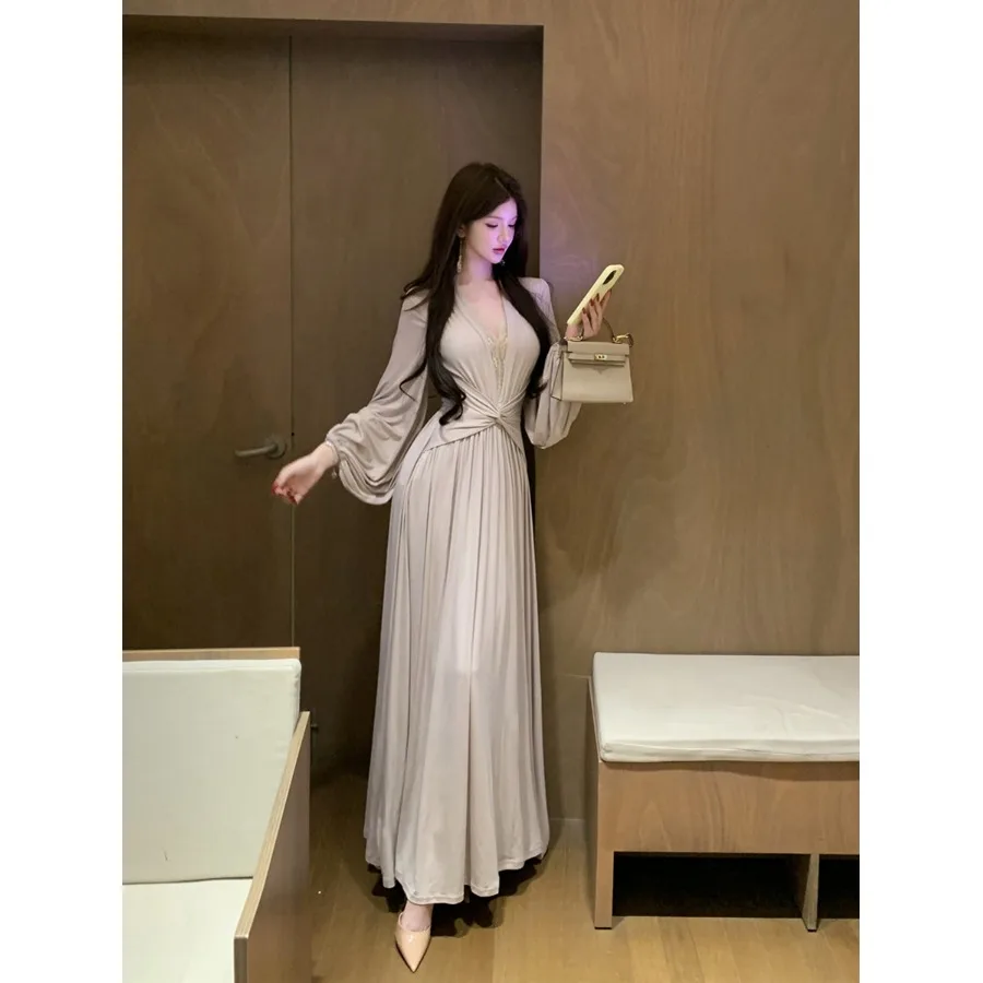 

Женское винтажное платье больших размеров с V-образным вырезом, кружевными вставками, стройнящее, длинное, А-силуэт, из полиэстера, с длинными рукавами