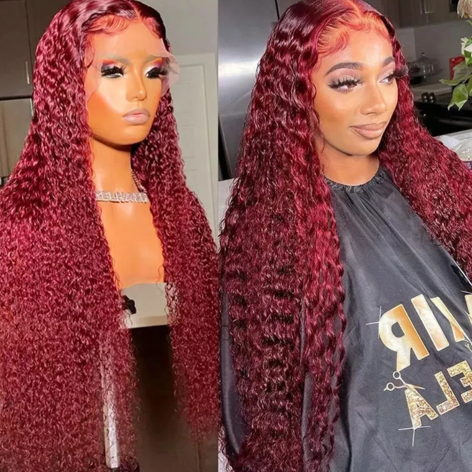 

32inches Water Wave 99j Colored Brazilian Remy 100% Human Hair Wigs 13x6 Hd Lace Frontal Wig Pre Plucked Deep Curly Burgundy