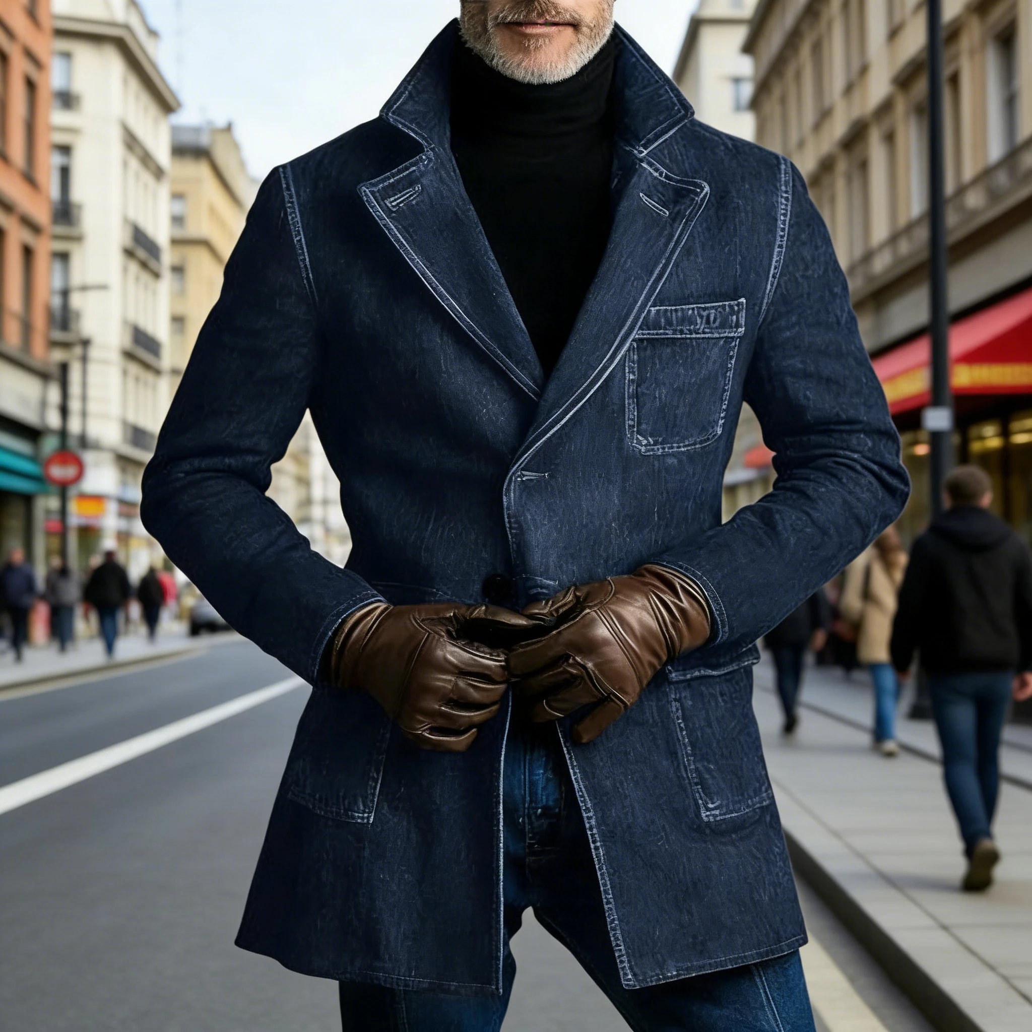 

Vintage Men's Washed Denim Blazer Mid-Length Trench Suit Jacket Fashion Casual Lapel Overcoat for Business Party Daily Wear