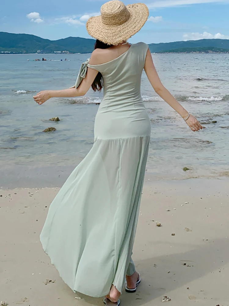 Zomer Solid Mesh Chic Diagonale Kraag Sexy Lange Jurk Vrouwen Elegante Bodycon Sheer Jurk 2025, Koreaanse Luxe Festival Feestjurk