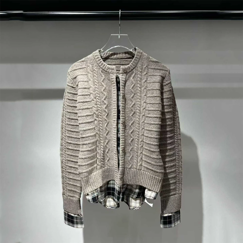 

Patchwork Faux Two-Piece Wool Blend Women's Cardigan Twisted Pattern Vintage Casual Knit Sweater Top 2025 Fall/Winter New Y2k