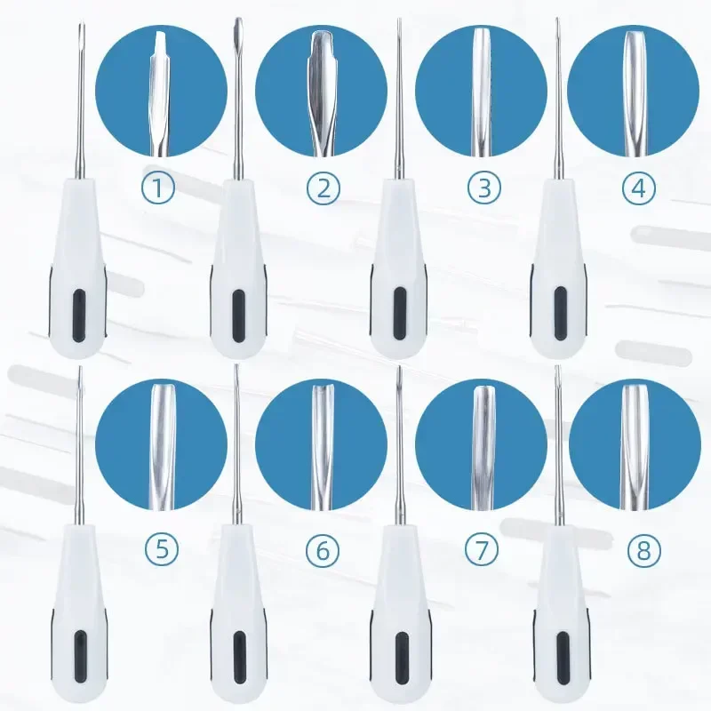 8 pièces/ensemble élévatrices dentaires Clareador racine incurvée luxation stomatologie tournevis Instrument chirurgical avec poignée en plastique