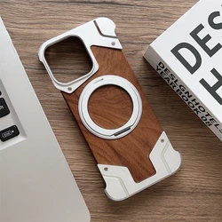 Frameless Armor Fold Ring Stand Holder Wooden Case for iPhone 16 15 13 14 Pro Max Military Invisible Bracket Shockproof Cover