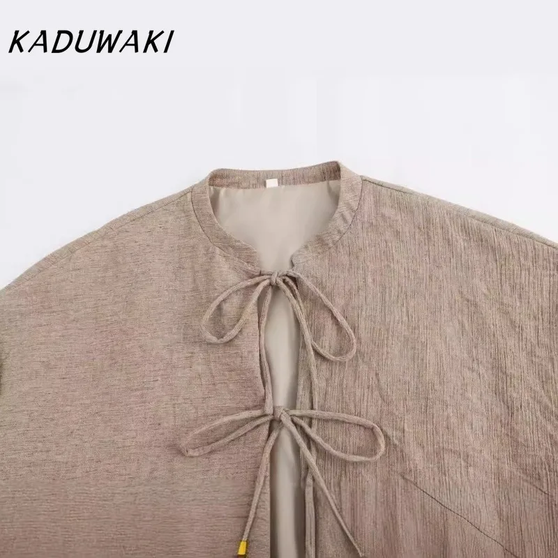 KADUWAK Chinese National Style Round Neck Lace-up Short Coats Casual Loose Lace-up Vacation Cardigan Blusão De Lã Feminino Tricô