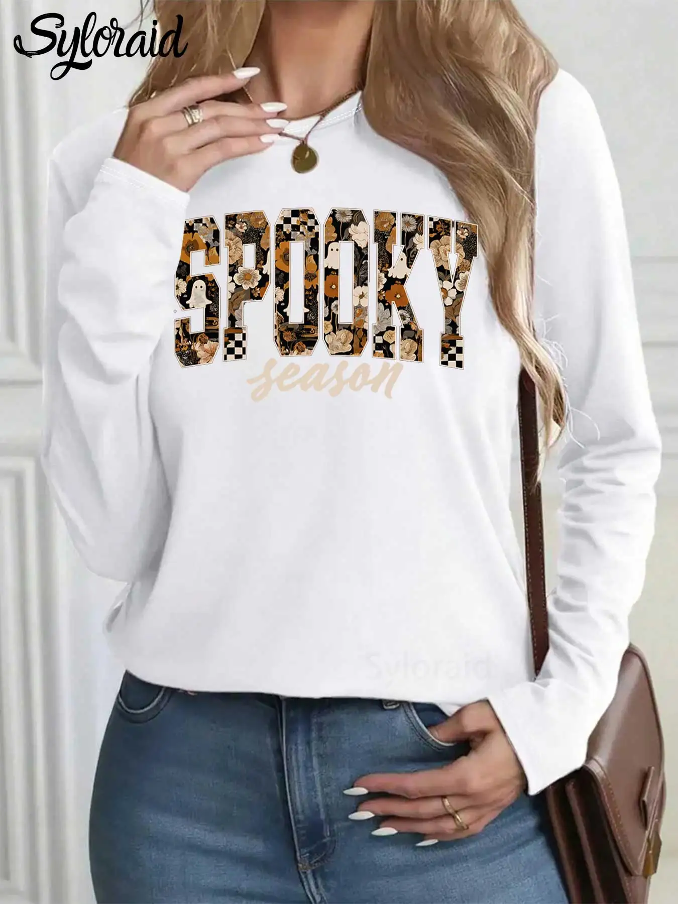 

Women's Long Sleeve T Shirt Spooky Season T Shirt Fall Pumpkin Shirt Spooky Mama Tee Fashion Round Neck Casual Top