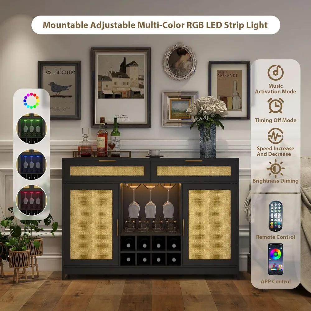 51.2'' Rattan Coffee Bar Cabinet with Drawers and Storage, Boho Sideboard Buffet Cabinet with LED Lights, Wine Liquor Cabinet