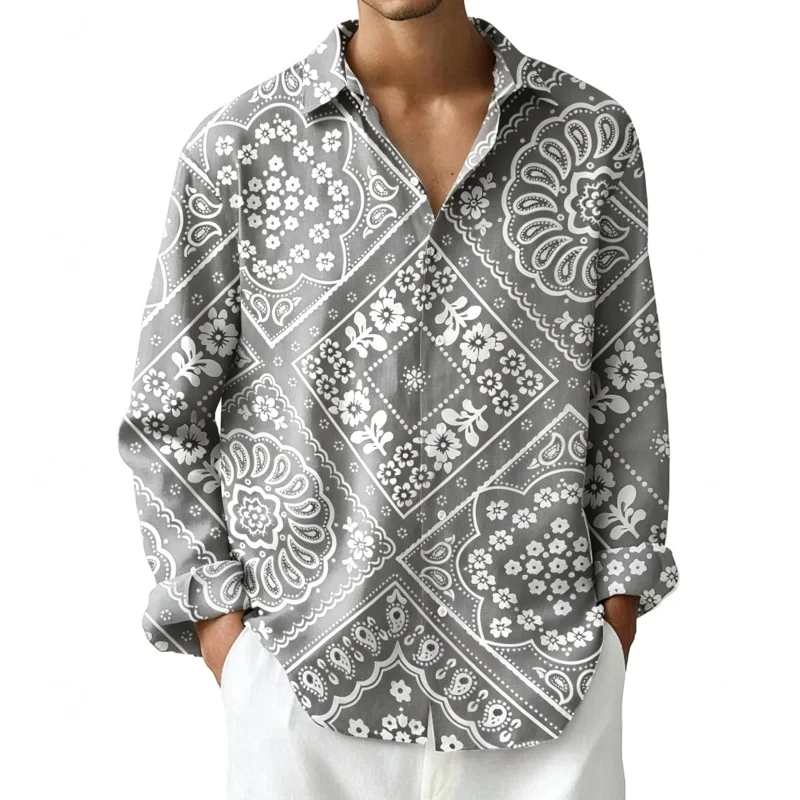 Men's shirt, ethnic style cashew flower long sleeved shirt, retro paisley print lapel shirt, casual loose and trendy top