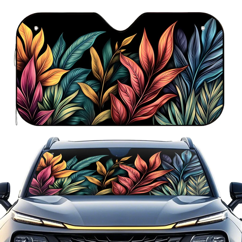 Un pare-soleil de voiture coloré à motifs de feuilles tropicales, parfait pour les séjours prolongés au parking et les voyages routiers, bloque efficacement la lumière du soleil