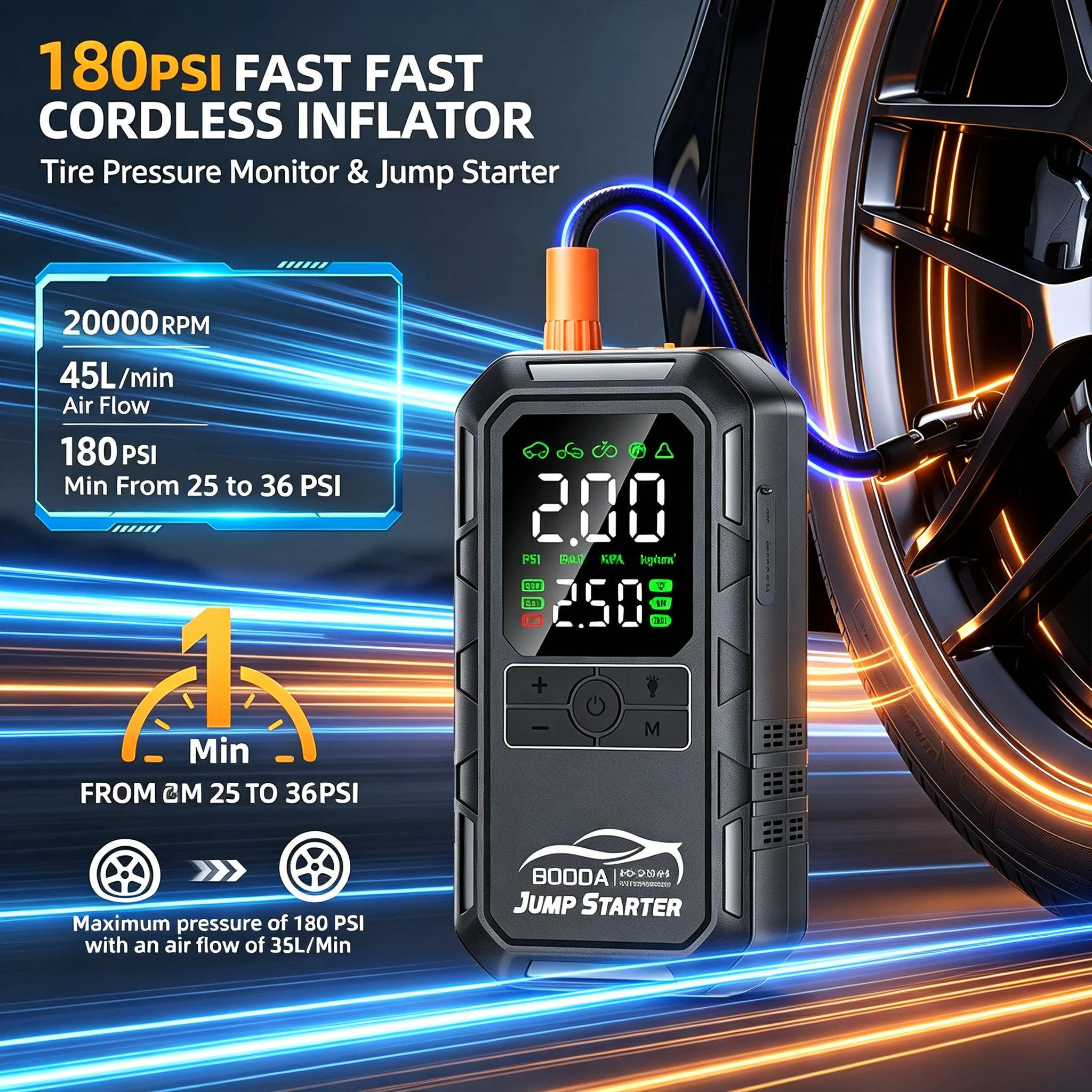 4-IN-1 Car Jump Starter Air Compressor 12V 8000A Peak Portable Auto Battery Booster 180PSI Tire Inflator for Vehicle SUV Truck