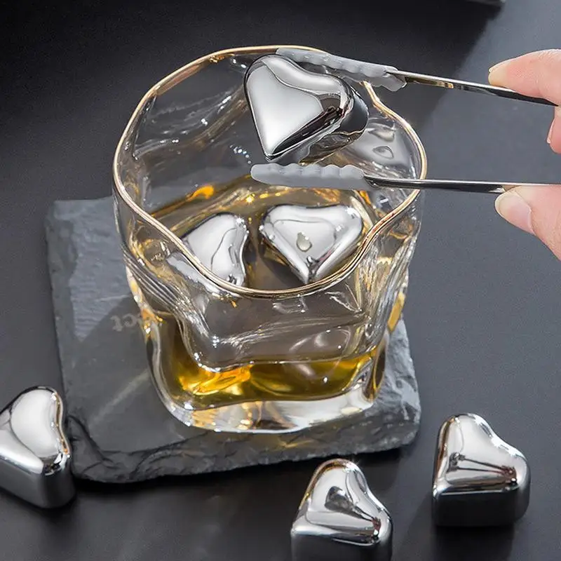 Reusable Ice Cubes Non Melting Stainless Steel Ice Cubes High Cooling Technology Ice Cubes Heart Shape Whiskey Stones Set