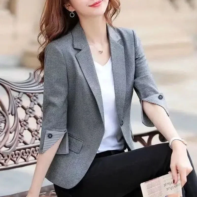 Summer Korean Commuting Simple Fashion Flip Collar Single Button Slim Fit Versatile Three Quarter Professional Suit Coat A691