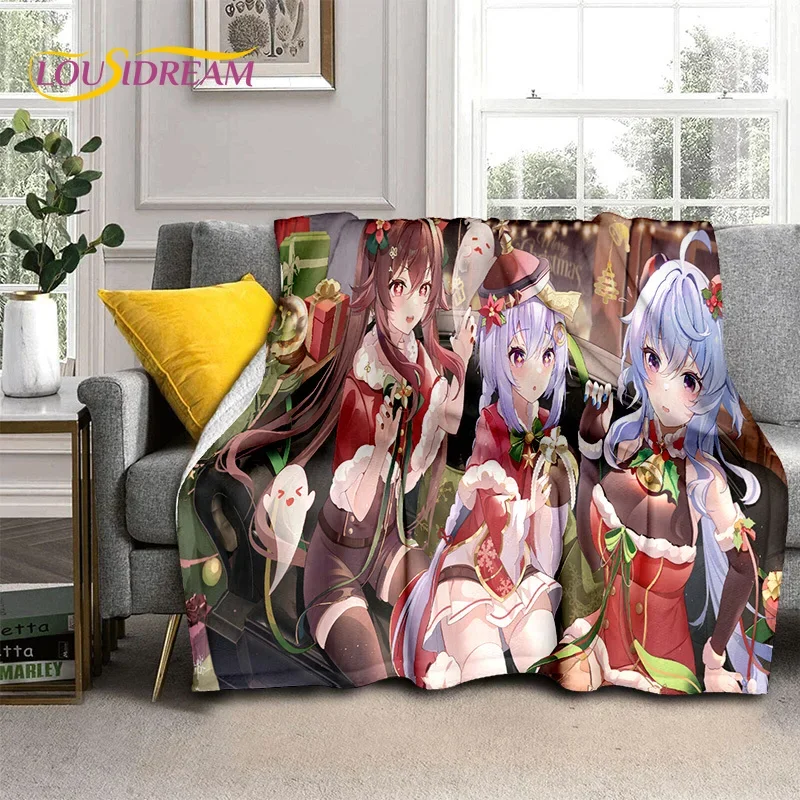 3D cute Genshin blow cartoon game soft blanket, throw blanket picnic beds sofa home bedroom comfortable blanket gifts for kids