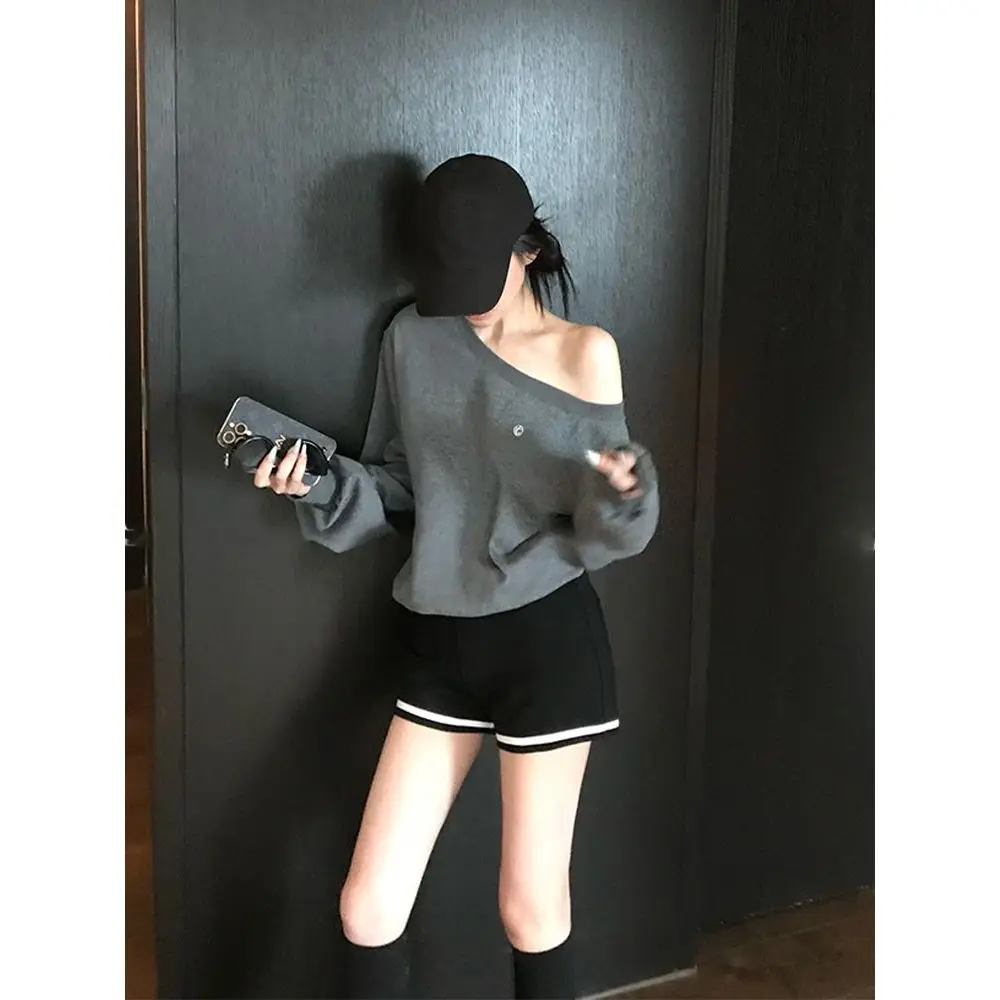 

oulder Bared Long Sve Sweatirt Casual Loose Women's Set Summer Autumn Polyester Fiber round Ne Two Piece Suit