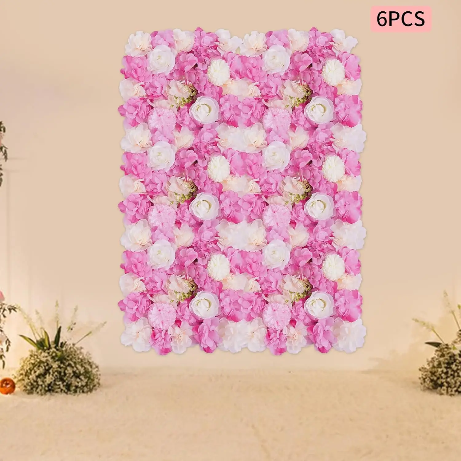 Set of 6 Pink Artificial Rose Flower Wall Panels, 15×15 Inch 3D Floral Backdrop for Wedding, Party & Baby Shower Decor