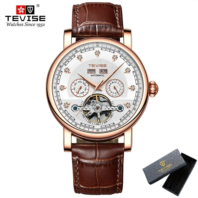 TEVISE T867C Luxury Brand Tourbillon Week Multi Functional Calendar Automatic Mechanical Watch Men Business Leather Watches Man