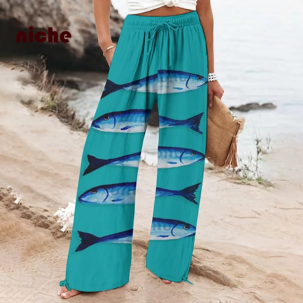 

Women's Beach Pants, Monochromatic, Fish Printing, Loose, High Quality, Cotton, Soft, Comfortable, Wide-Leg, Fashion Trend, New