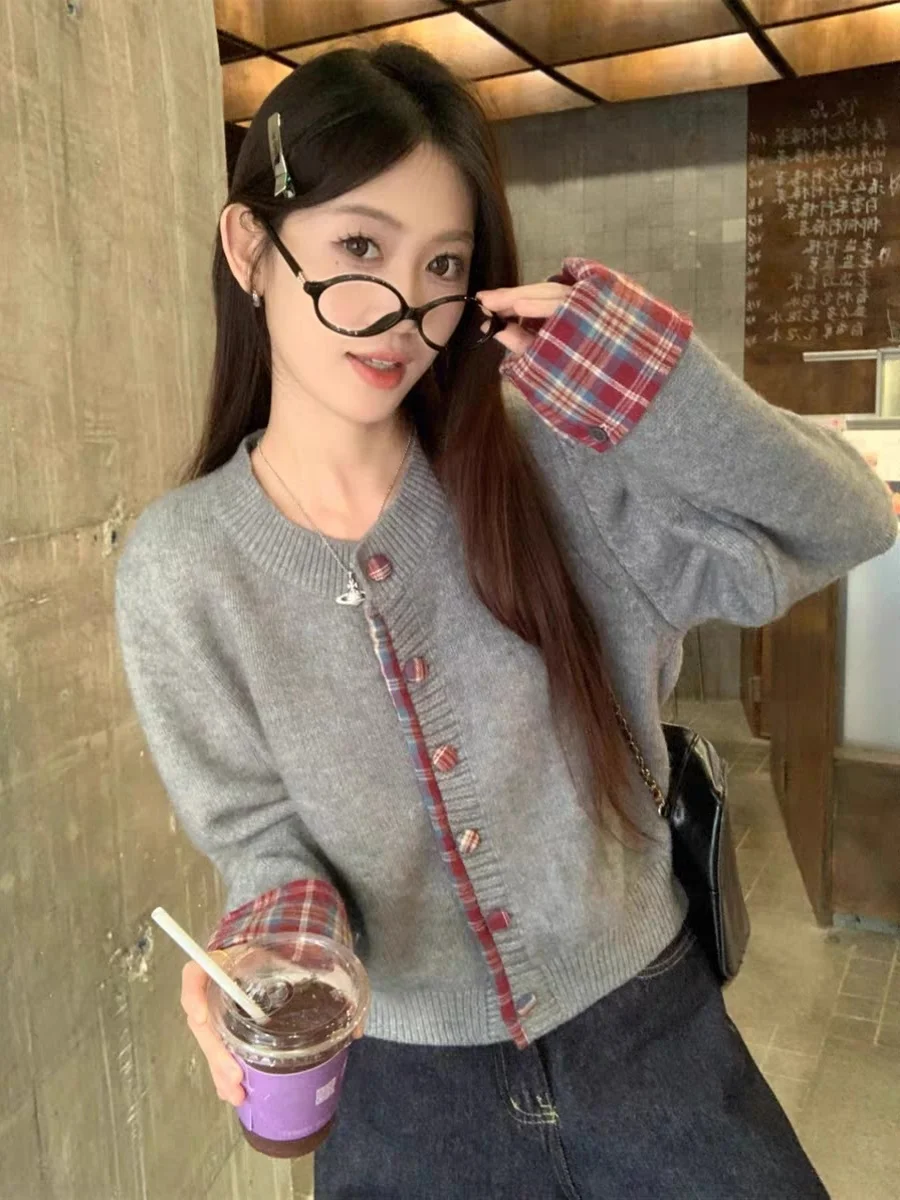 플레이드 라운드 네이 니트 스웨터 여성용 가을 겨울 빈티지 페이크 투피스 니트웨어 아우터웨어 한국 스타일 루즈핏