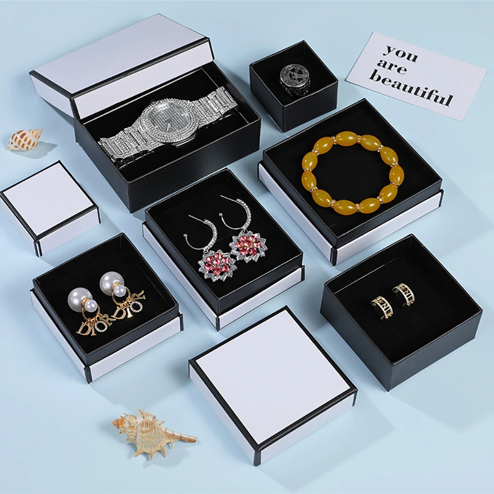 12Pcs Square Jewelry Display Gifts Organizer Box Holder Black White Kraft Paper Engagement Ring Brooch Necklace Bracelet Box Bag