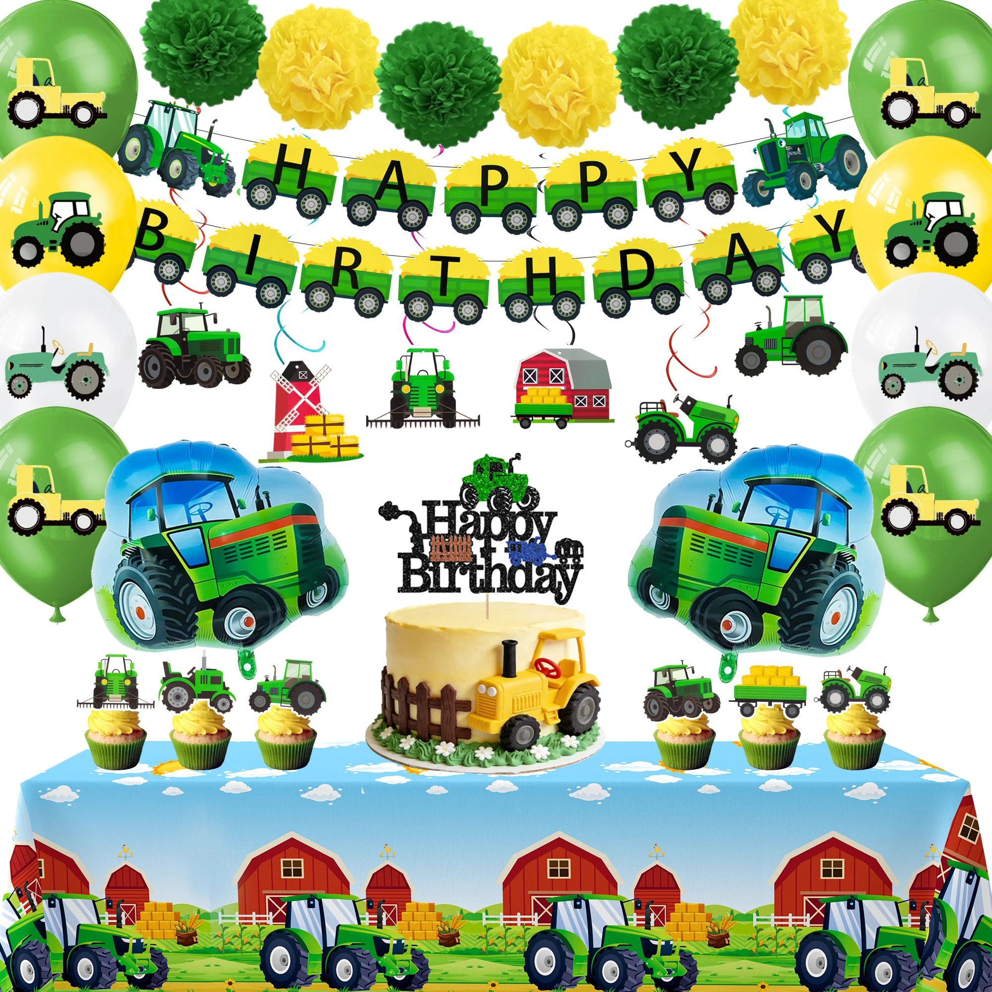 55 Pcs Tractor Birthday Party Decorations Set - Tractor Birthday Balloons Banner Tableclothe etc Tractor Birthday Party Supplies