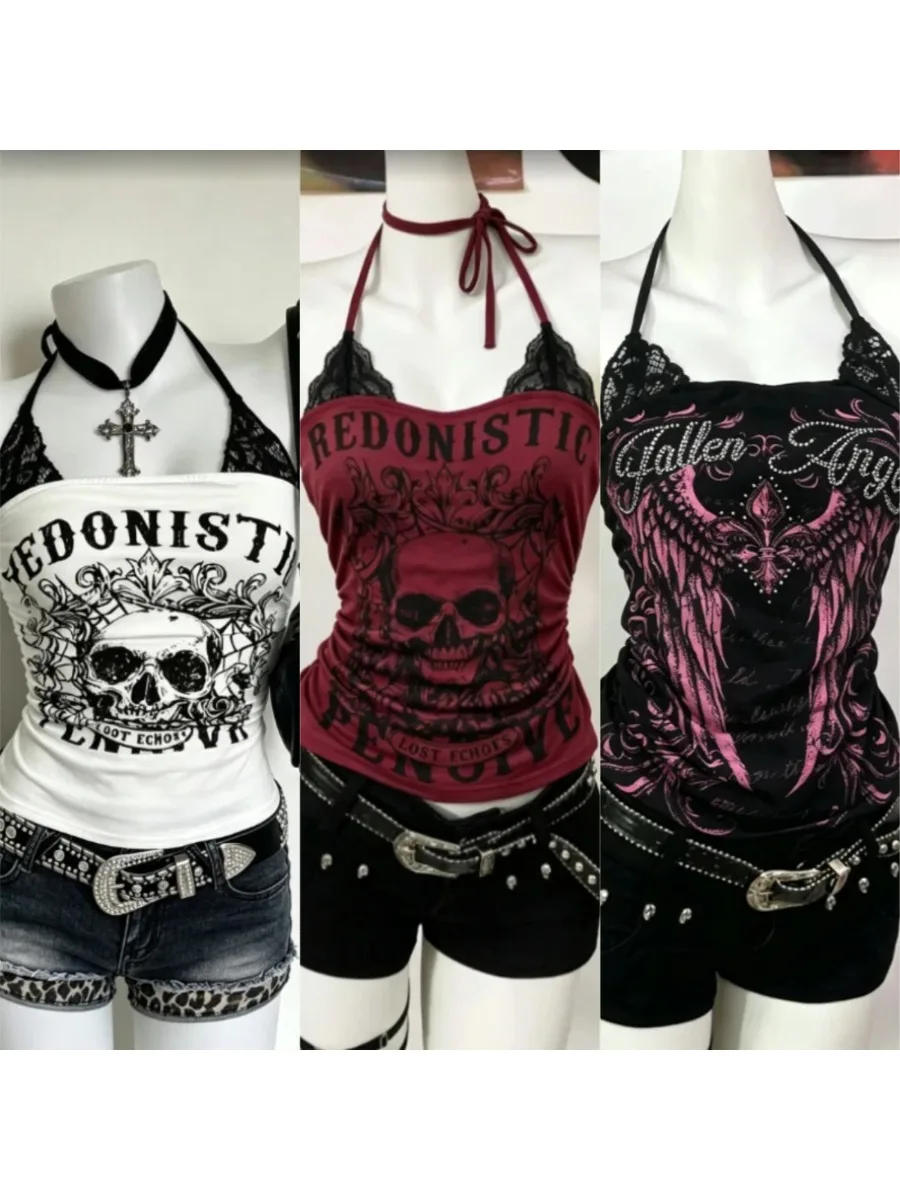 American Vintage Y2K Shorts Set For Women Hot Girls Slim Print Camisole Harajuku Casual Chic Street Daily Party Two Piece Outfit