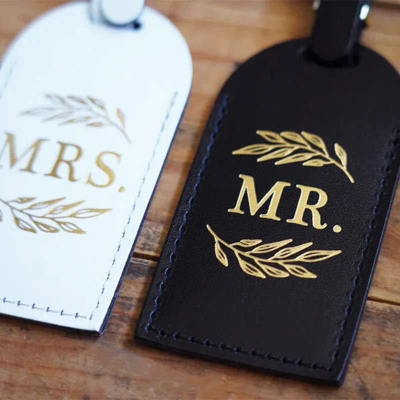 Mr Mrs Leather Luggage Tags Newlywed bride groom Couples just married Wedding Anniversary Honeymoon Vacation beach travel Gift