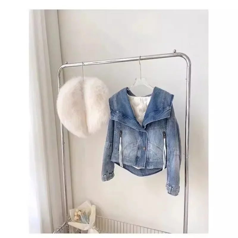 Winter Thickened Short Denim Jacket Fashion  Parkas Jeans Jacket Luxury Fur Coat Removable Fur Collar Cotton Jacket New