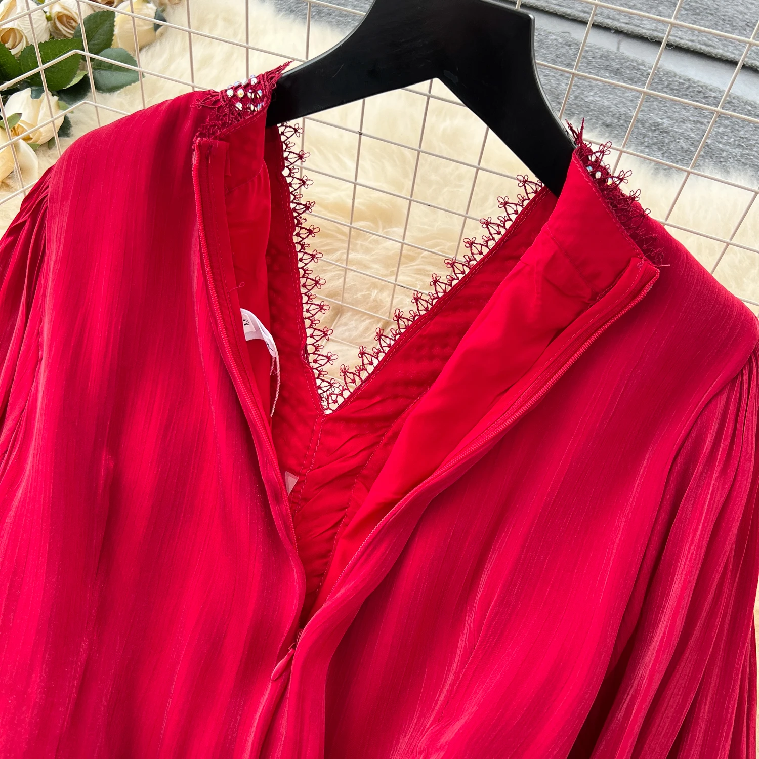 Casual lantaarnmouwen strass slim fit basics lange jurk Franse high street kleding dameskleding