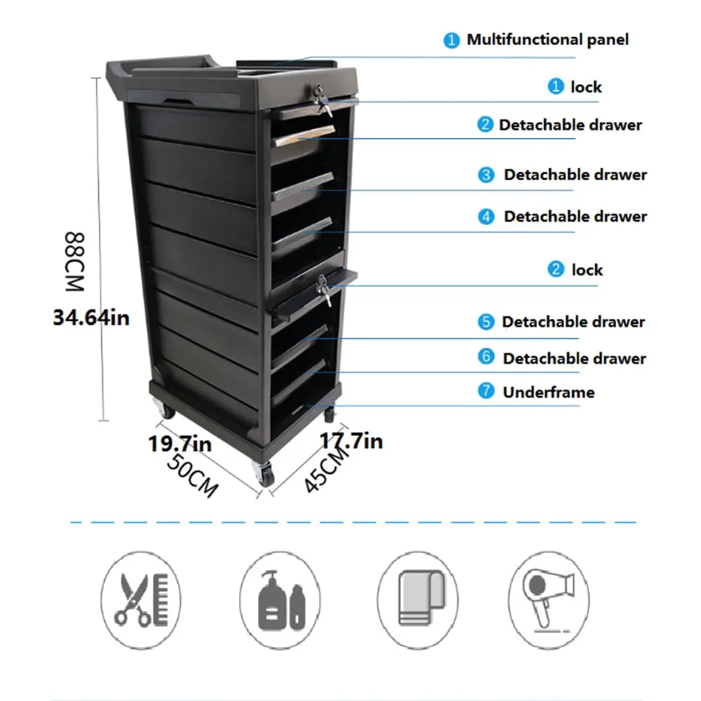 Carrello per salone Cncest con ruote, carrello con ruote con chiusura premium a 7 livelli con inserti tascabili, rotolo per carrello per capelli a 6 cassetti