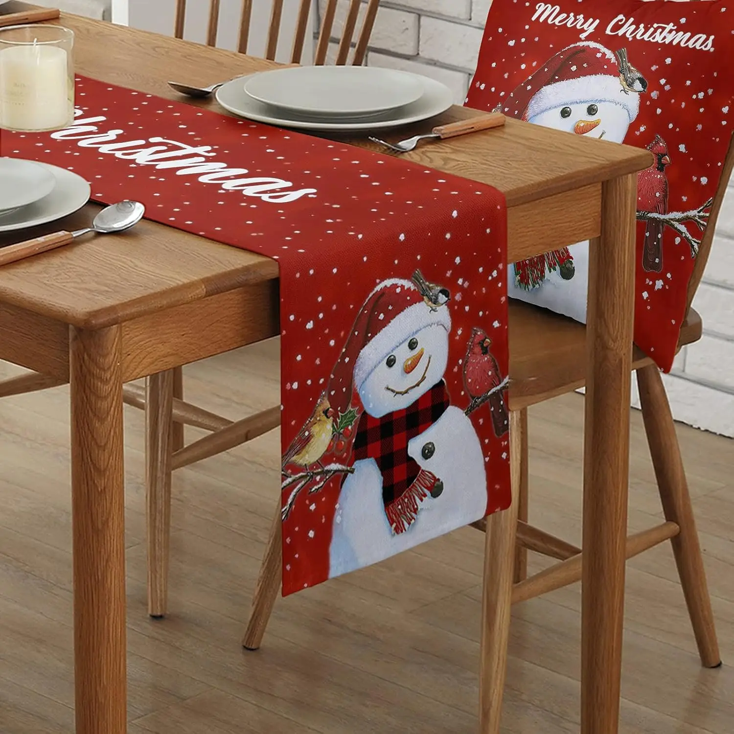 Merry Christmas Snowman Robin Bird Snowflake Linen Table Runners Dresser Scarf Winter Xmas Party Decor Navidad Decorations 2025