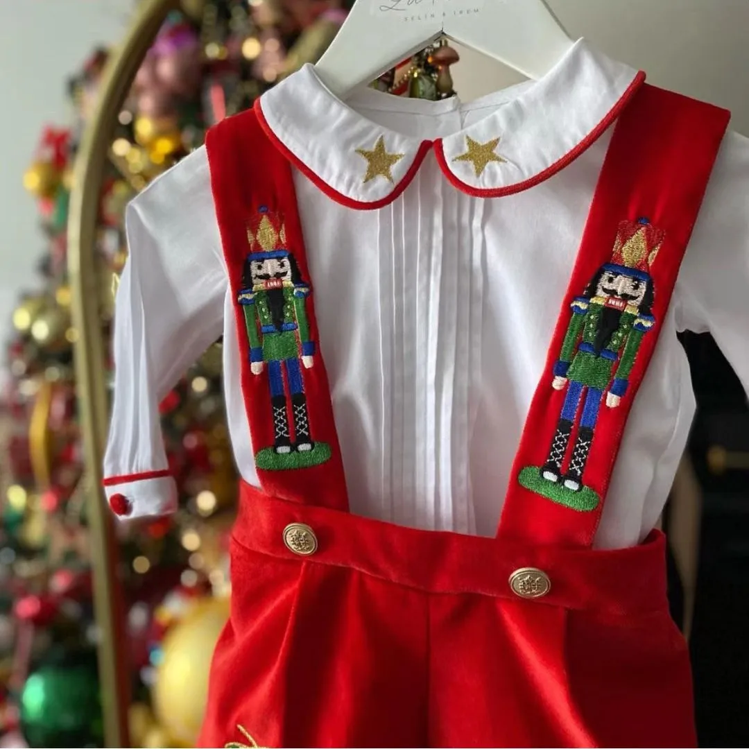 Baby Boy Set Autumn Winter Red Blue Velvet Nutcracker Embroidery Vintage for Eid Causal