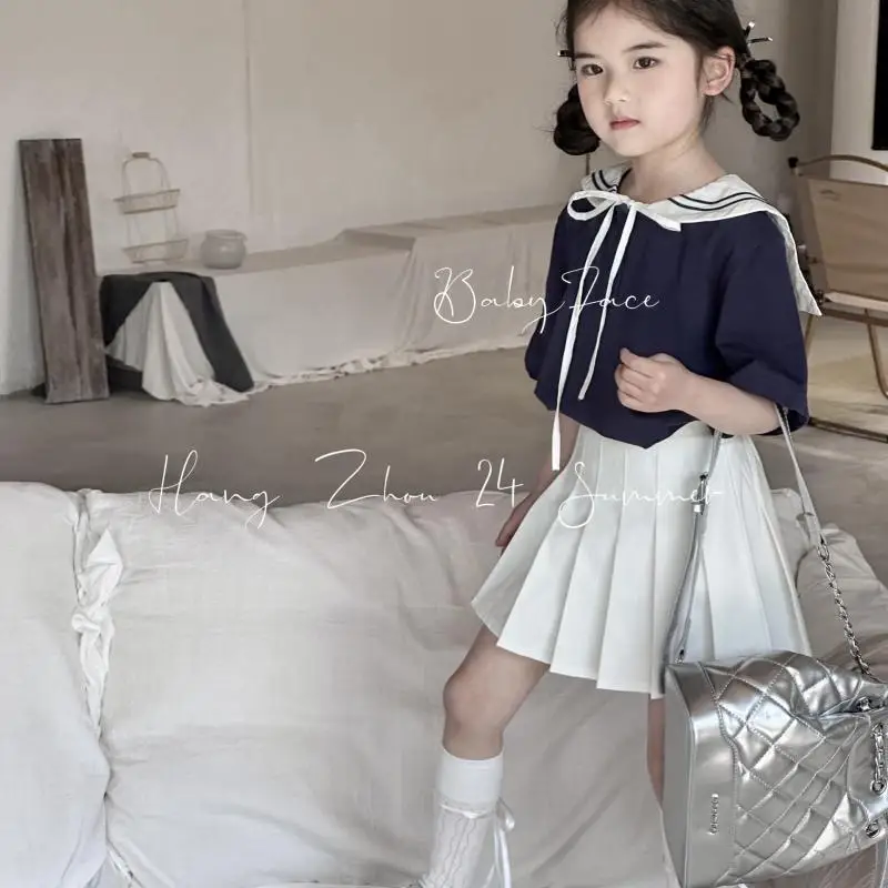 Korean 2024 summer new girls college large lapel short sleeved T-shirt children's  high waisted pleated short skirt