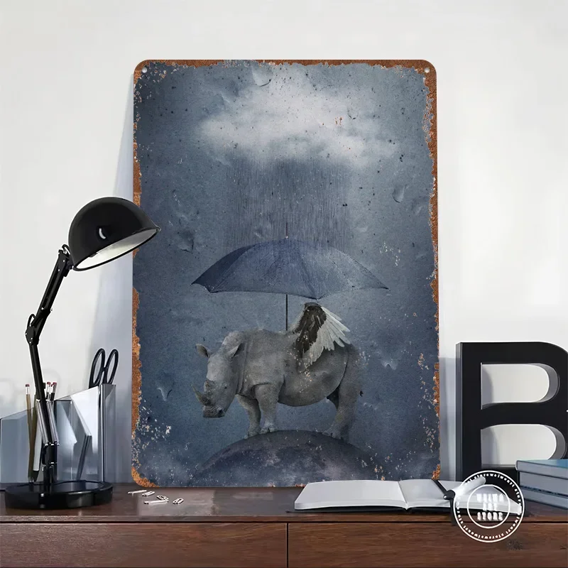 Rainy Rhino Poster Customized Wall Art Vintage Metal Signs Retro Tin Plaque for Man Cave Mancave Decoration Room Coffee Bar Home
