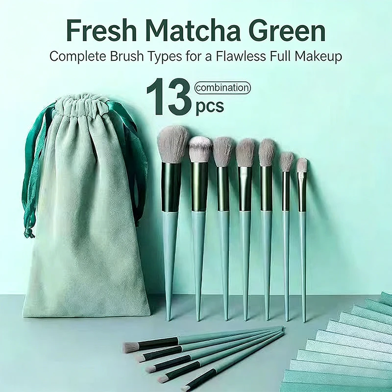 13PCS Four Seasons Green Makeup Brush Set Soft Bristles with Portable Flannel Pouch Ideal for Beginners Full Face Makeup