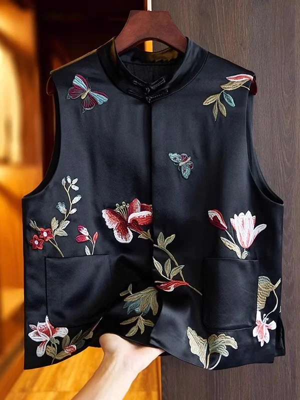신상 중국식 자수 실크 조끼 여성용 봄 가을 얇은 외투 민족 스타일 얇은 탑 코트
