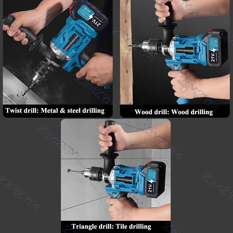 21V Power Drill Cordless Brushless Industrial Stirrer Mixing Drill for Concrete/Nail Mud Rechargeable Power Tool Home DIY Use