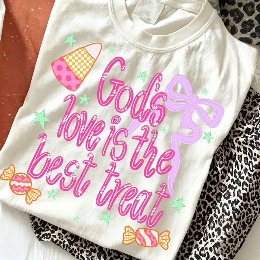 Women's Faith Cute Pastel Bow Candy Letter Graphic Print T‑Shirt Religious Holiday Crew Neck Short Sleeve Casual Tee Top