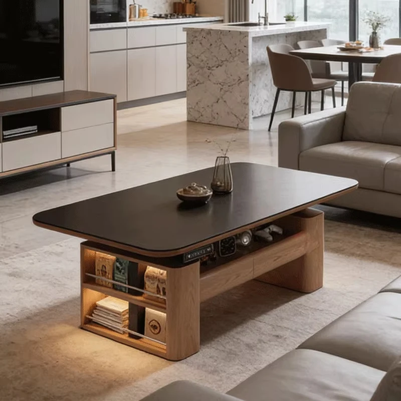 wq-Electric Height-Adjustable Coffee&Dining Table Multifunctional Living Room Home Solid Wood Lift Table with Optional Casters^
